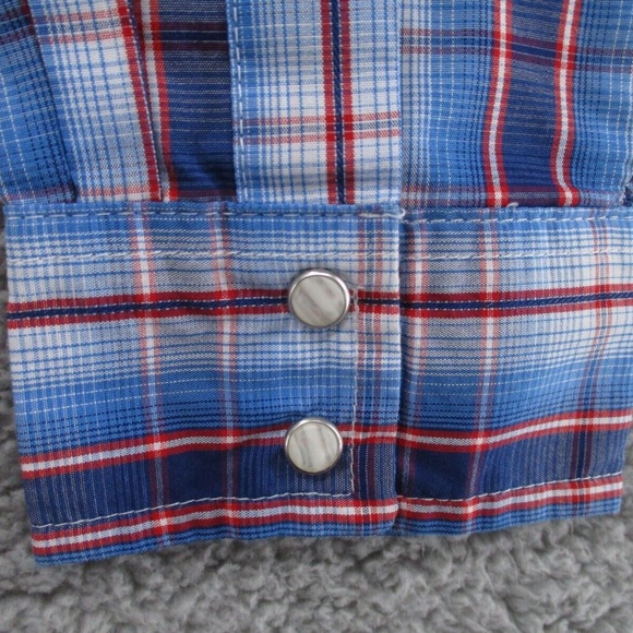 Wrangler Shirt Adult 2XL XXL Pearl Snap Blue Red Tartan Plaid Mens Button Down - Picture 7 of 13